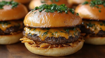 Close-up of gourmet mini cheeseburger with fried onions and parsley.