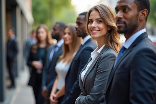 Inclusive Business Team Waiting in Line at Outdoor Booth, Exemplifying Teamwork and Professionalism
