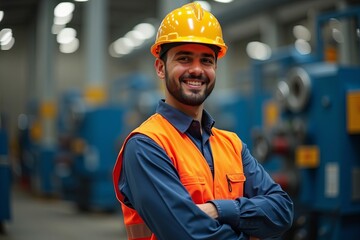 Portrait of a Confident Smiling Young Hispanic Factory Worker Technician in Safety Gear Posed in Front of Industrial Machinery