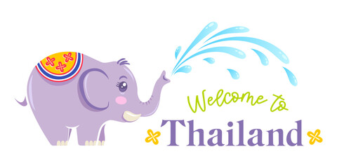 Vector banner for travel to Thailand with elephant on isolated background in kawaii style.