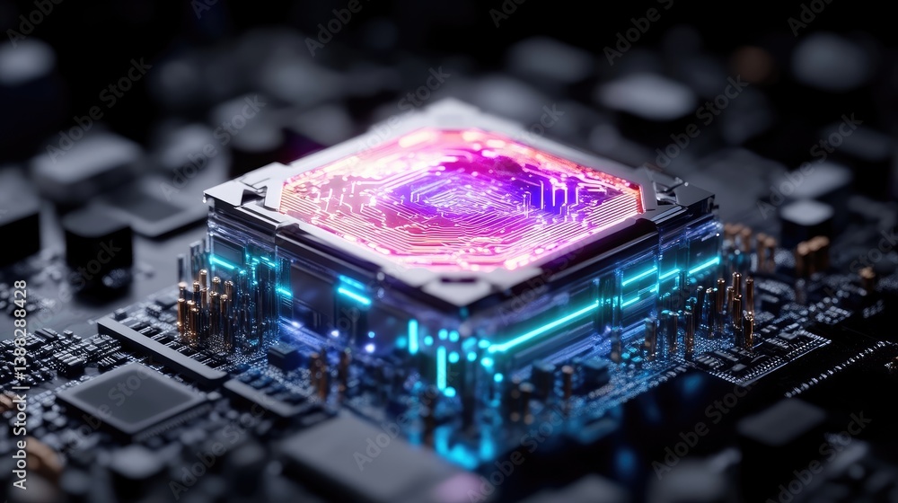 Poster high-tech processor on circuit board. detailed view of a futuristic, glowing processor