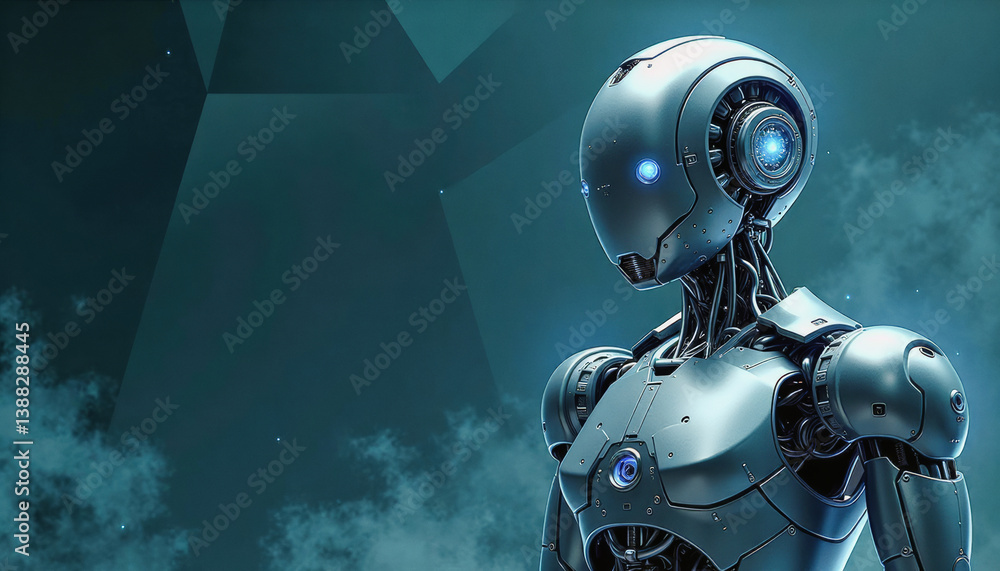 Poster trendy neo futurism 2025 ai design rendering: a futuristic robot with glowing blue eyes gazes forwar