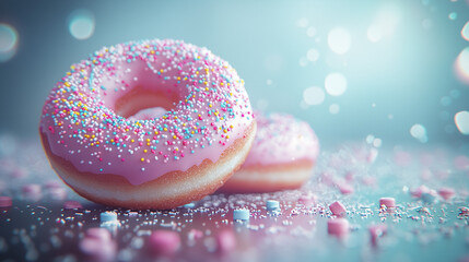 Delicious donuts with pink frosting and colorful sprinkles for bakery and dessert promotions use