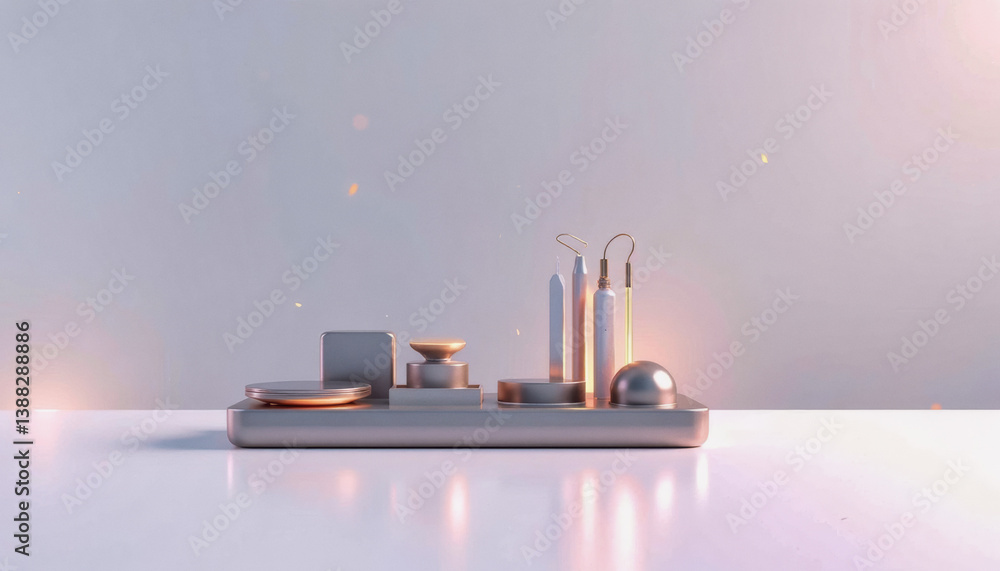 Poster trendy neo futurism 2025 ai design rendering: a minimalist still life showcases abstract geometric s