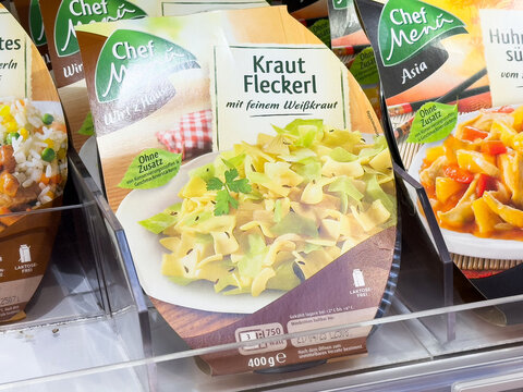 Kraut fleckerl pasta packaging on display in grocery store