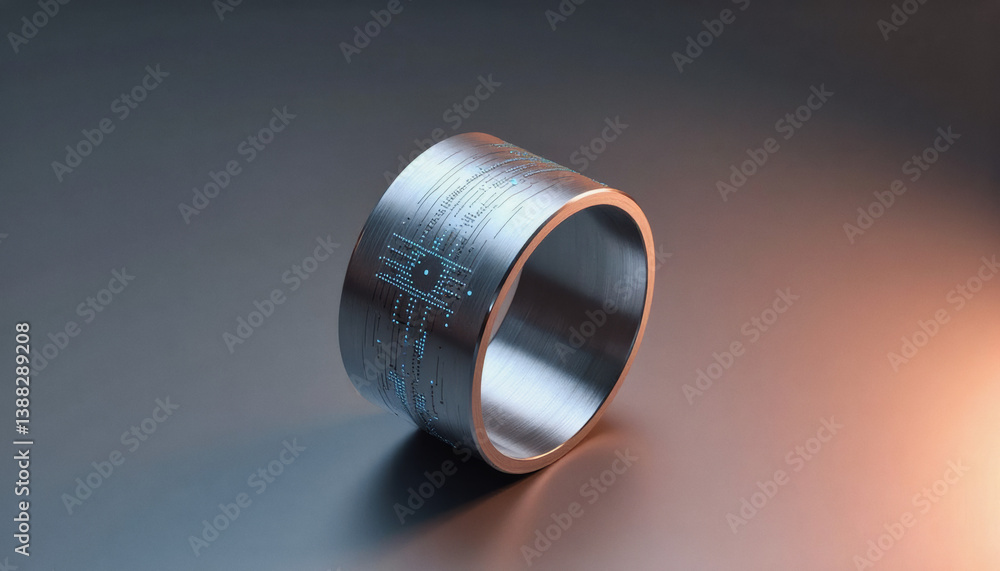 Aufkleber trendy neo futurism 2025 ai design rendering: a metallic ring with intricate circuit patterns glows 