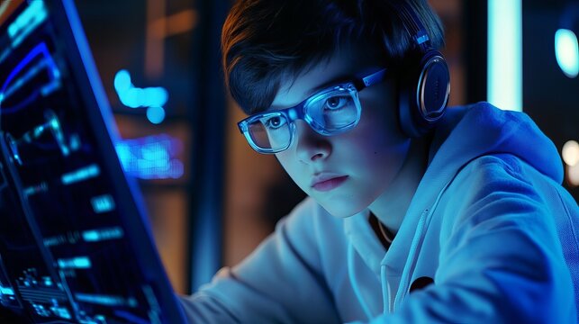 Young coder working on computer wearing headphones and glasses in a futuristic neon lit environment