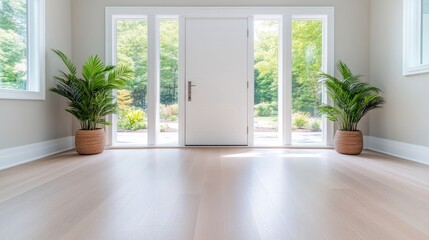 Obraz premium A light-colored hardwood floor stretches across a bright entryway. Two potted palm plants flank a white door and large window, showcasing a verdant outdoor view. The image is high quality with natura