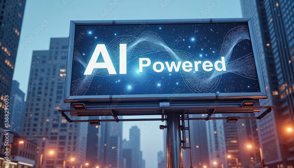Poster trendy neo futurism 2025 ai design rendering: an illuminated billboard displaying ai powered stands 