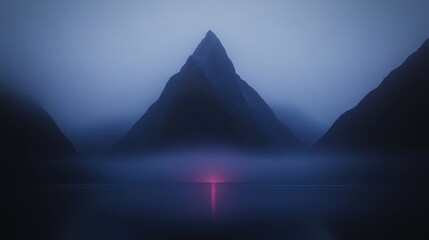 Misty mountain peak at dawn