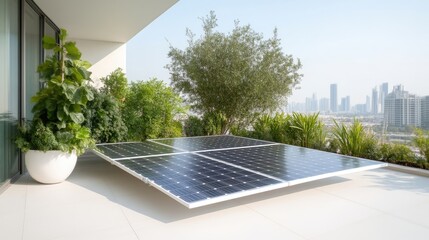 Fototapeta premium A modern solar panel array, composed of several panels, rests on a patio. Surrounding greenery and a cityscape background are visible. The image is high-resolution, well-lit with natural light, and s