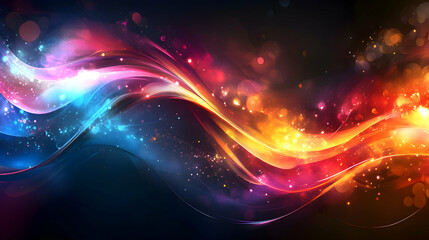 A high-resolution wallpaper featuring dynamic light effects and geometric shapes in bright neon hues, creating a futuristic digital design