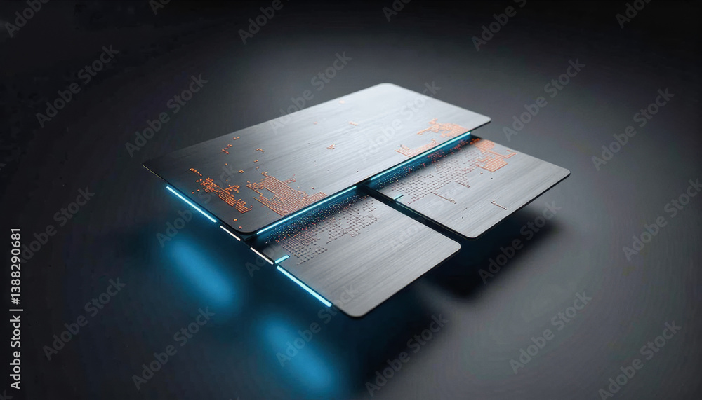Aufkleber trendy neo futurism 2025 ai design rendering: two futuristic circuit boards hover above a dark surfa