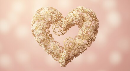 Golden Lace Heart: Delicate 3D Render, Soft Pink Glow AI Generated