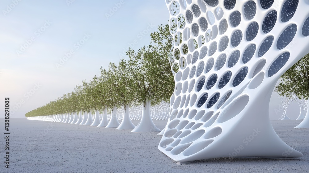 Poster a futuristic landscape featuring white structures resembling organic forms, aligned with rows of gre
