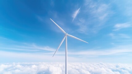 Obraz premium A white wind turbine stands tall against a vibrant blue sky. Soft, fluffy clouds form the background. The image is high-resolution and features bright, natural lighting. Its clean aesthetic conveys a