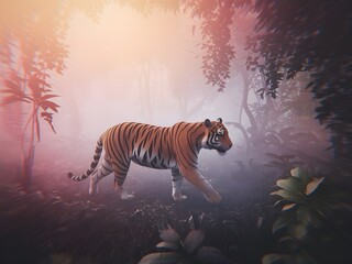 Fototapeta premium Lone Tiger in Untamed Wilderness with Magical Sun Rays