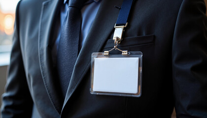 Businessman wearing ID badge in formal attire  