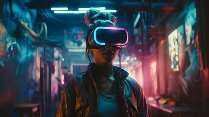 Immersive Reality: A person wearing a VR headset steps into a vivid cyberpunk scene, experiencing a new world of virtual reality and futuristic technology.