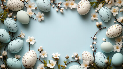 Easter eggs and blossoms on pastel blue background