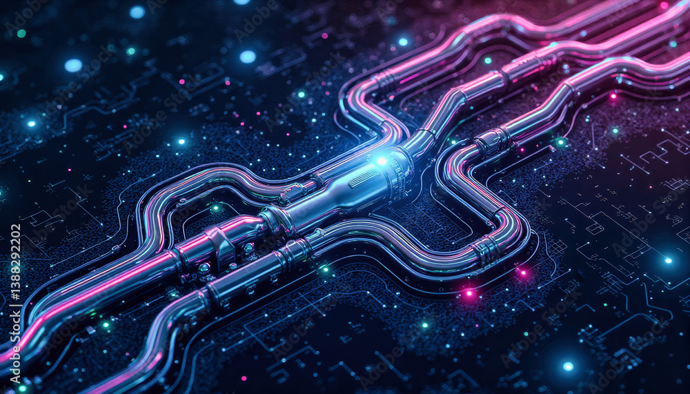 Aufkleber trendy neo futurism 2025 ai design rendering: glowing neon circuitry forms intricate pathways agains