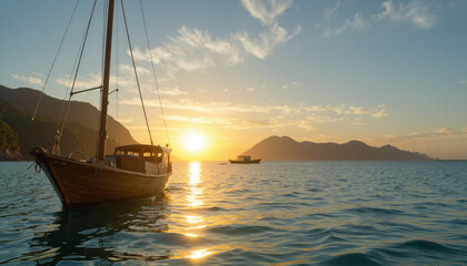 Naklejka premium Sailing boat at sunset over calm waters 