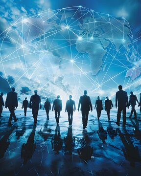 Global Connectivity: A silhouette of a business group advancing confidently toward an interconnected world, a representation of networking, international relations, and global collaboration.