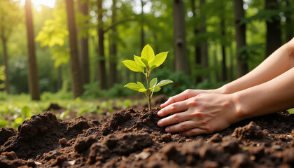 Hands nurturing a young plant in rich soil under sunlight  