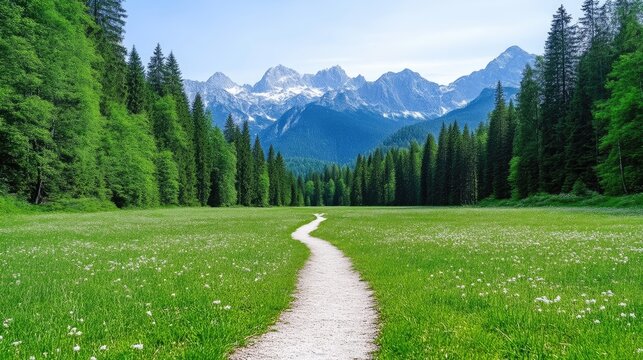 A winding path leads through a vibrant green meadow dotted with wildflowers. Tall evergreen trees line the meadows edge, framing a majestic mountain range in the background. The scene is brightly lit