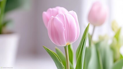 Fototapeta premium Close-up of delicate pink tulips. Soft focus on vibrant blossoms. Spring flowers in a home