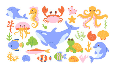Set of hand-drawn sea animals, fish, seaweed