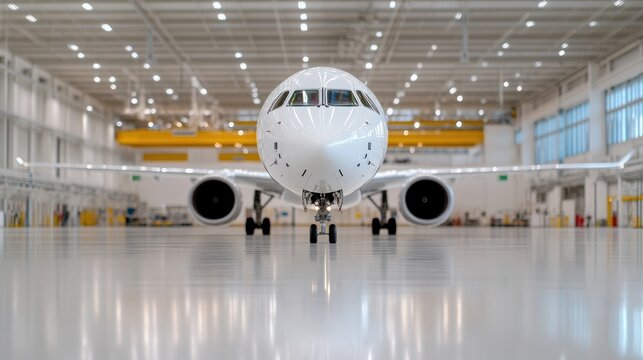 Modern jetliner in a hangar