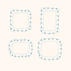 Cute hand-drawn blue frames set with decorative ruffles. Square, rectangle, and rounded shapes. Perfect for baby design, scrapbooking, and kids projects.