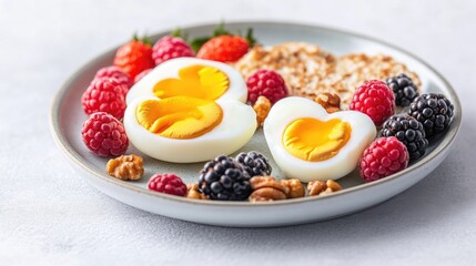 A plate of halved boiled eggs with vibrant fresh berries and nuts, arranged on a simple white plate, close-up shot on a light background, and healthy breakfast concept.