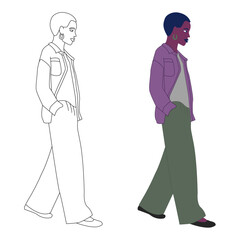 A stylish woman walking. A colorful illustration of an African woman with short hair. An outline illustration of a woman. 