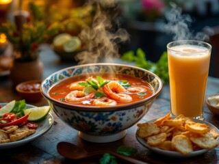 Aromatic Delight: Spicy Thai Street Food with Tom Yum Soup and Iced Tea