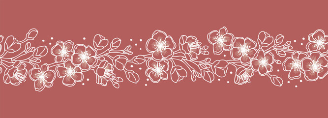 Cherry Blossoms horizontal banner with flowers and buds. Line Art seamless border with floral composition. White outlines on beige background. Vector graphic design for printing on fabric and paper.
