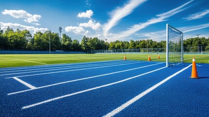 Fototapeta premium Sports field with soccer goalpost, cones, and track lines freshly painted under a blue sky
