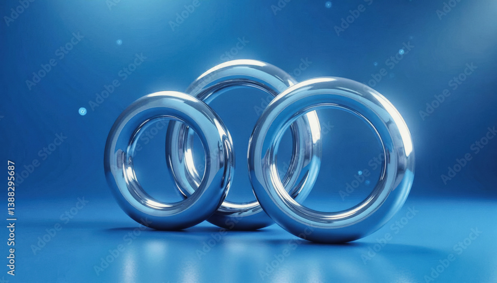 Aufkleber trendy neo futurism 2025 ai design rendering: three silver rings interlock against a blue gradient b