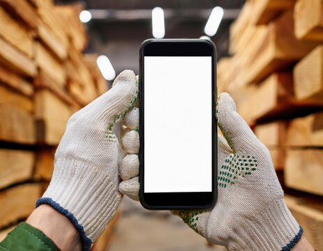 Gloved hands holding smartphone with blank screen in wood warehouse