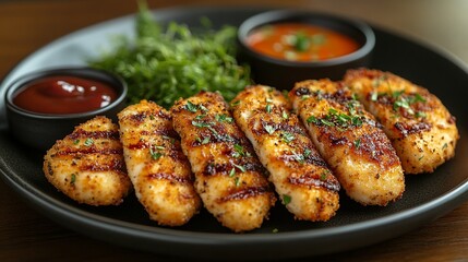 Grilled chicken tenders with two dipping sauces and greens.