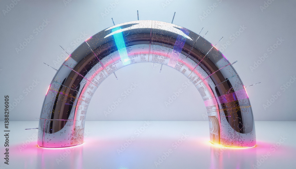 Poster trendy neo futurism 2025 ai design rendering: a futuristic, metallic archway glows with neon lights 