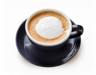 Obraz premium Close-up of cappuccino in black cup with rich foam on white background