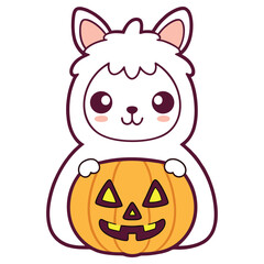 Cute Alpaca Cartoon with Pumpkin on Transparent Background, Halloween Graphic,