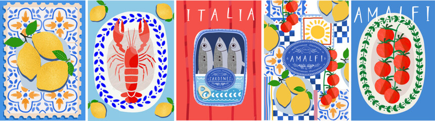 Summer. Italy. Amalfi. Vector illustration of Mediterranean italian blue tiles, lemons, sardines, cherry tomatoes, pattern and lobster on plate for poster, card or background