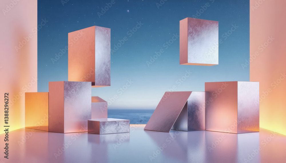 Poster trendy neo futurism 2025 ai design rendering: geometric forms of varying sizes and hues, bathed in a