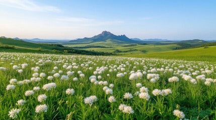 A vast field of white flowers blankets the foreground. Rolling green hills and a distant mountain range create a scenic backdrop. The image is high-resolution, with bright, natural lighting. It pres