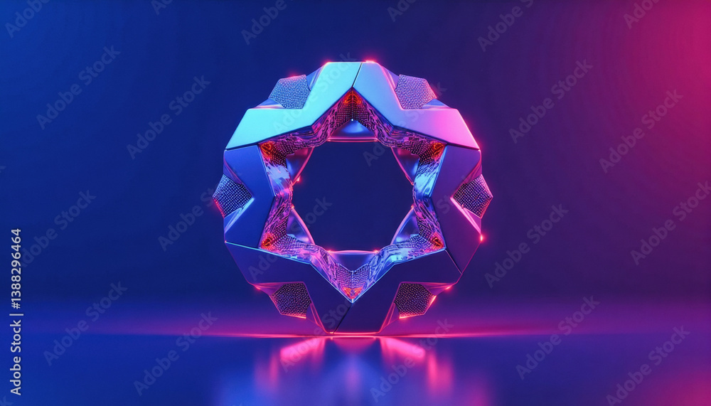 Poster trendy neo futurism 2025 ai design rendering: a futuristic, geometric, octagonal structure glows wit