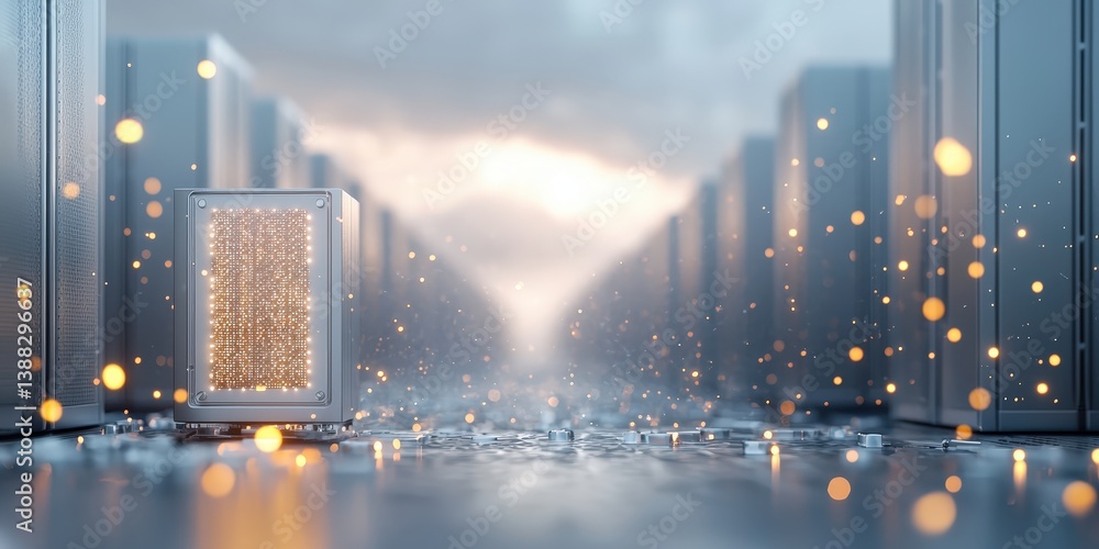 Poster electricity production and transmission. futuristic scene with floating particles and a central stru