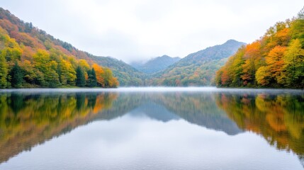 Fototapeta premium A serene lake reflects autumnal hillsides. Trees in vibrant yellow and orange hues frame the calm water. The image is high-resolution, showcasing sharp details and soft lighting. Its tranquil style